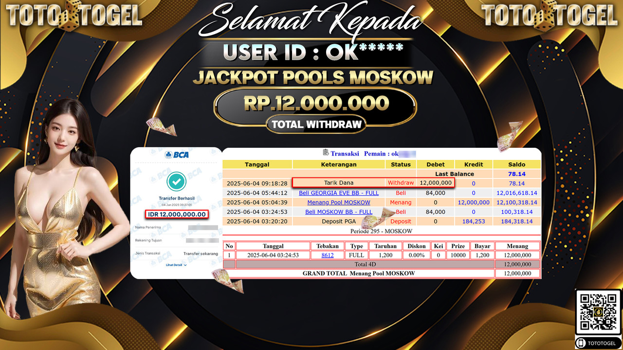 Bukti Pembayaran Jackpot Permainan Togel Pools Moskow ID:OK***** LUNAS