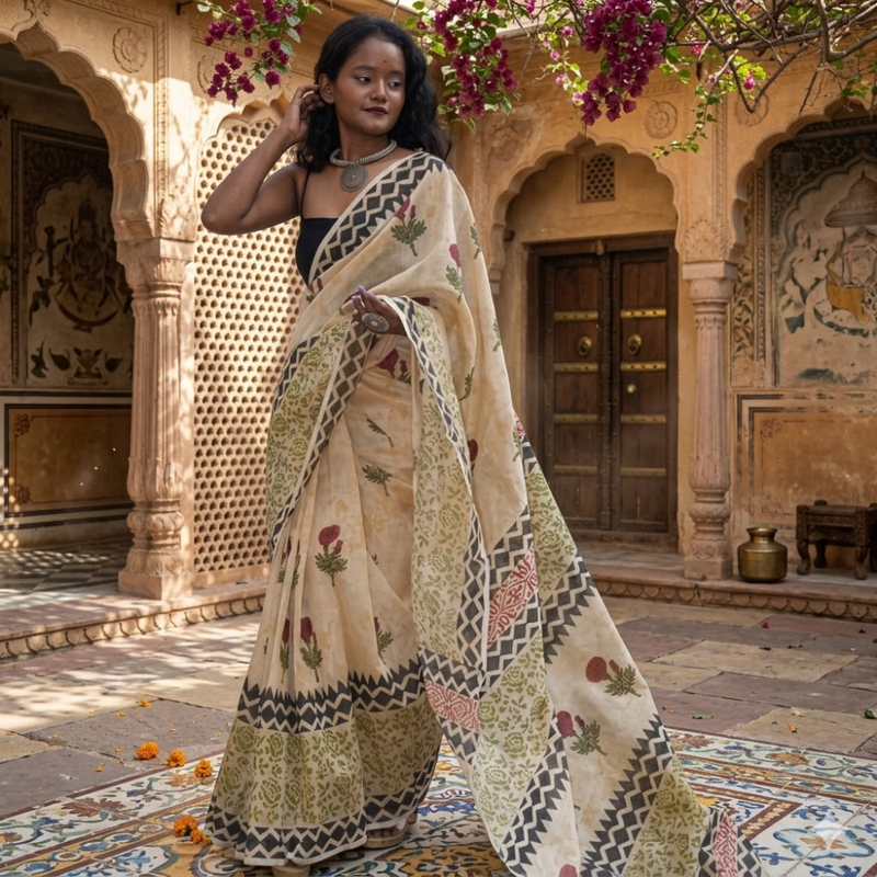 Hand Block Printed Beige Textured Saree with Broad Green Border and Red Floral Motifs