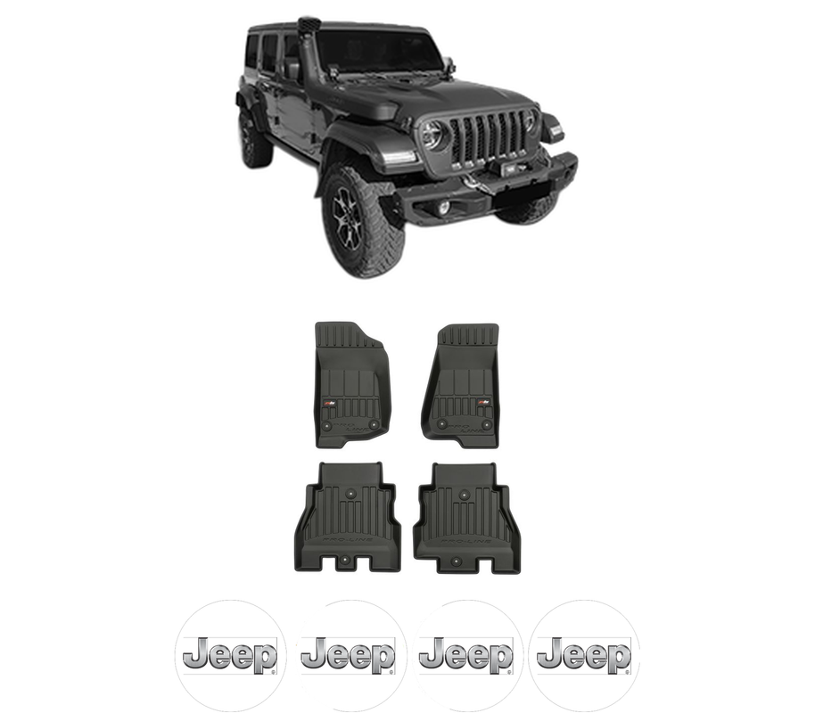 Set covorase presuri JEEP WRANGLER IV (JL) din 2017, auto, din cauciuc thermoplastic, 4 Stickere auto cu JEEP