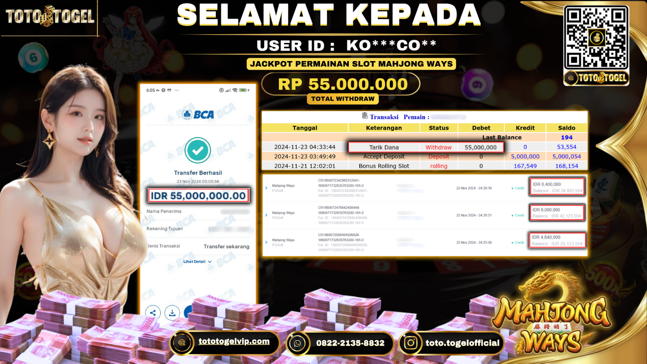Bukti Pembayaran Jackpot Permainan Slot Mahjong Ways  ID: KO***CO** LUNAS 