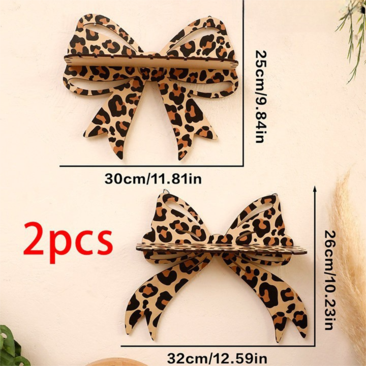 2 Pcs Brown (Style A + Style B) Leopard Print Bow Wall Shelf - Decorative Wooden Floating Storage Rack for Bedroom & Living Room