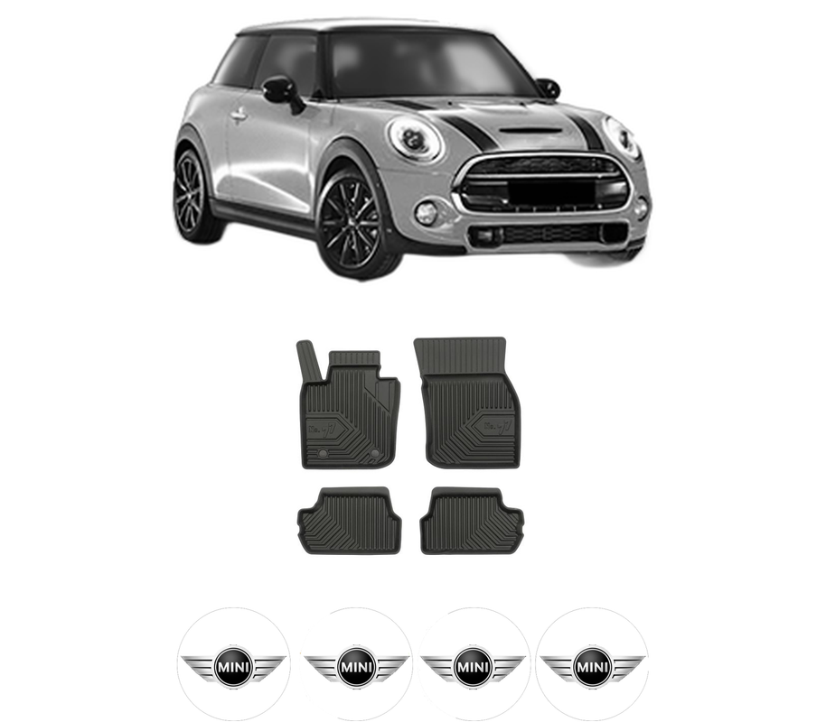 Set covorase presuri MINI MINI (F56) din 2013-2020, auto, din cauciuc thermoplastic, 4 Stickere auto cu MINI