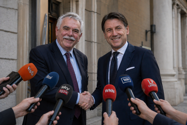 Le Délégué John Taranti (POL-AP), à gauche, avec le candidat de l’Alliance Populaire, le Sénateur Albert Parsent (USD-AP), à la suite d’une réunion entre les représentants de l’Alliance Populaire et ceux des ouvriéristes, à Columbia, le 3 mai 2019.