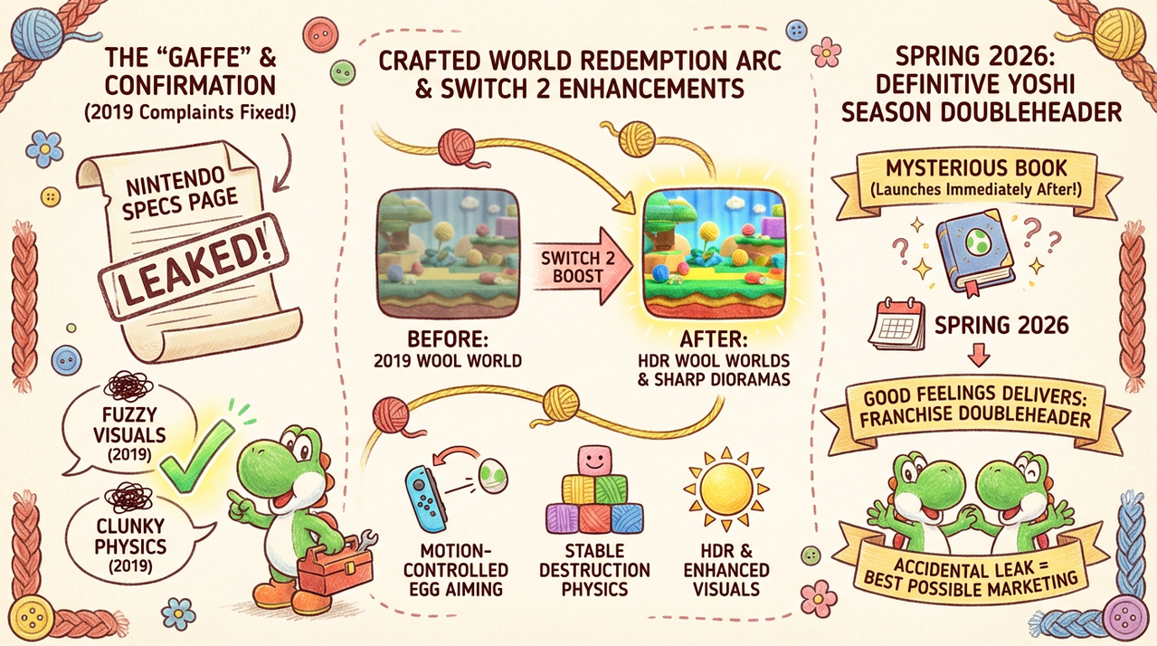 Colorful wool-crafted Yoshi platforming through diorama levels