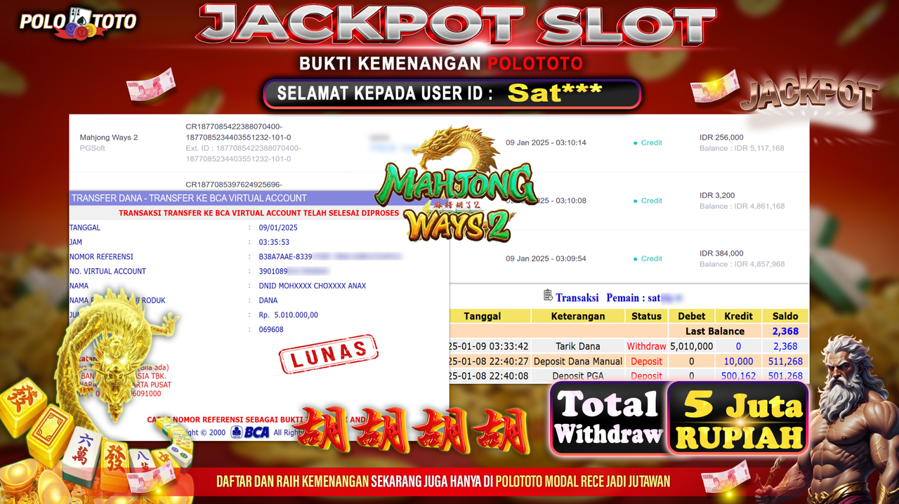 POLOTOTO JACKPOT SLOT MAHJONG WAYS 2 Rp.5,010.000,-