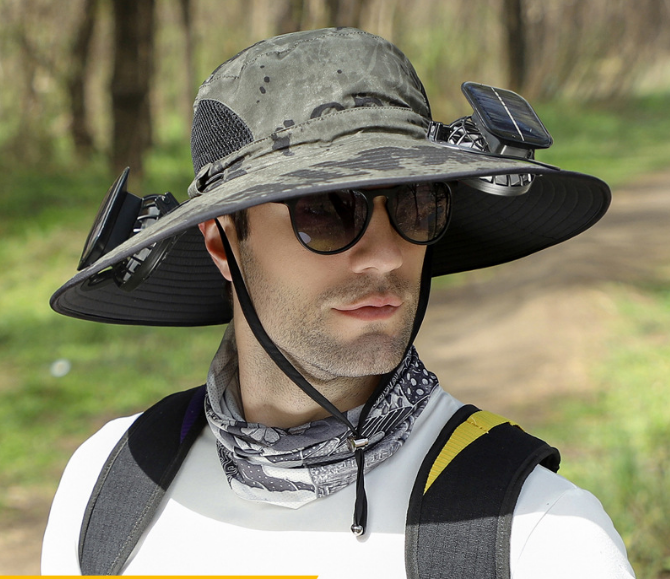 Dual Solar Fan Hat with Rechargeable Battery - Wide Brim UPF 50+ Sun Protection Bucket Hat - Green Ink Pattern for Fishing & Camping