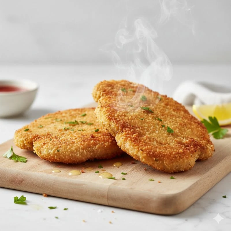 Knuspriges Schweineschnitzel mit goldbrauner Panade frisch aus der Heißluftfritteuse, serviert mit Zitronenspalte und Salat