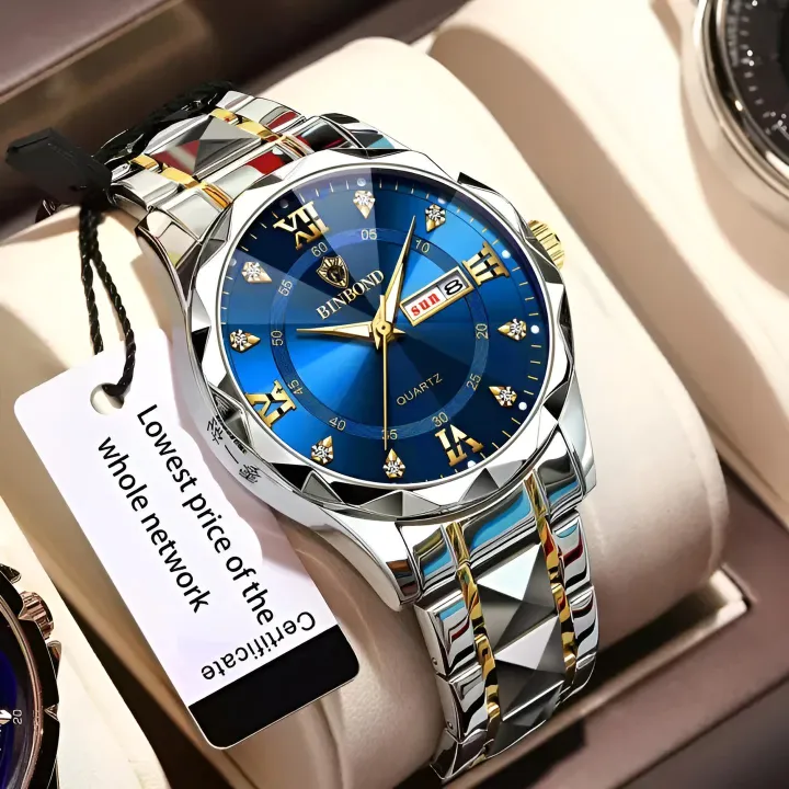 Binbond diamond glass mens watch-Silver&Blue