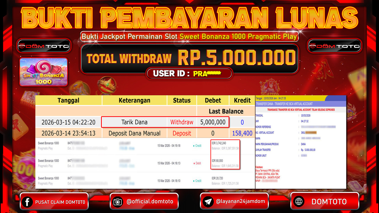 JACKPOT SLOT Sweet Bonanza 1000 Pragmatic Play 15 MARET 2026