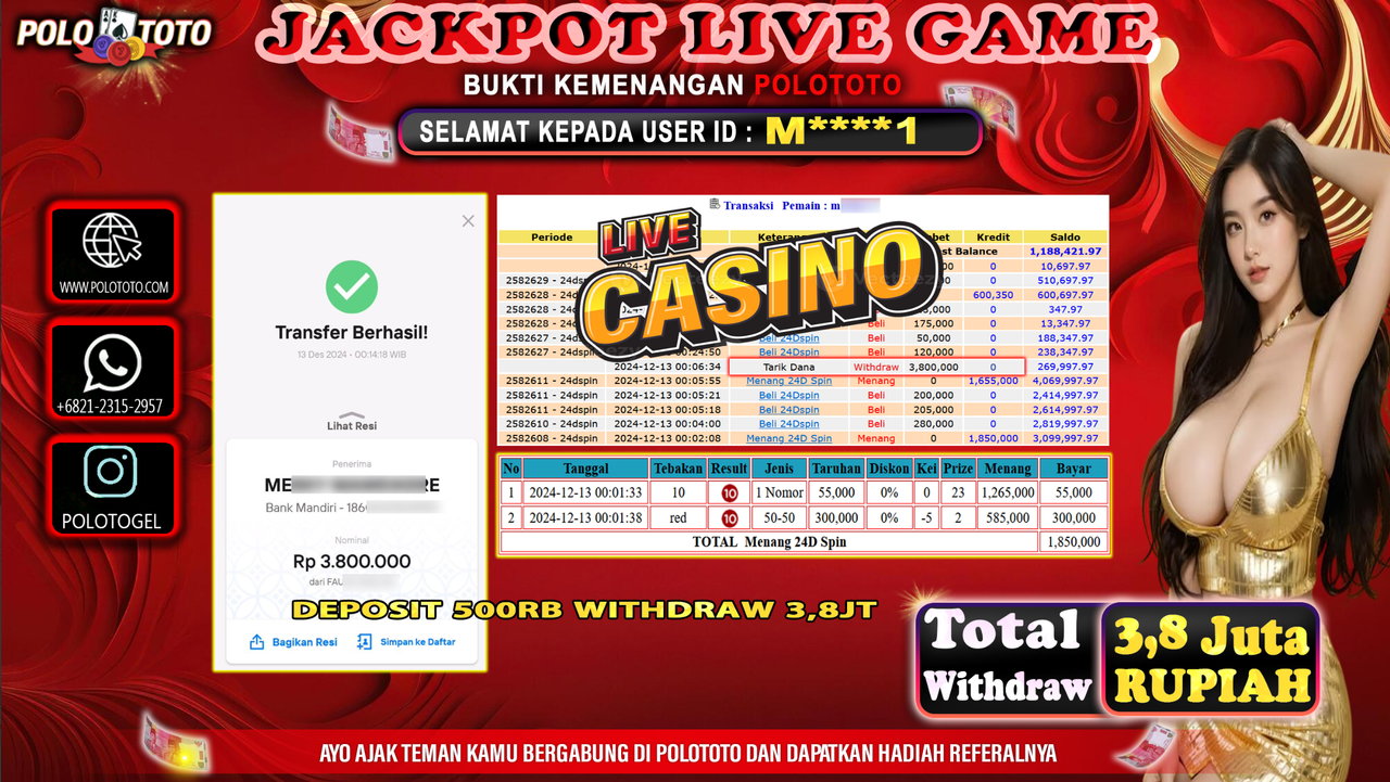 POLOTOTO JACKPOT LIVE GAME CASINO 24DSPIN Rp.3,800.000,-