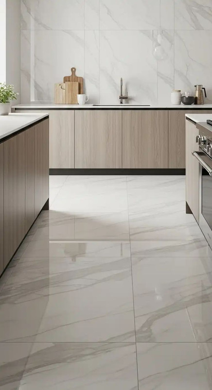Porcelain Semi-Glossy White Parallel Kitchen Tile Design