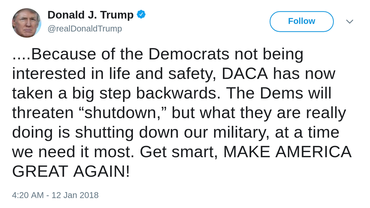 POTUS tweet 1-12-18 dem shutdown