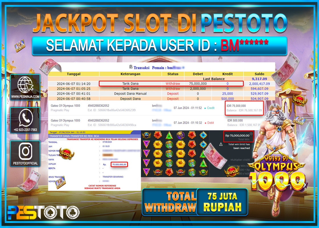 HANYA DI PESTOTO JP PASTI DI BAYAR LUNAS DAN CEPAT!!!!!! JP SLOT { GATES OF OLYMPUS 1000 } Rp.75.000.000 !!!!!