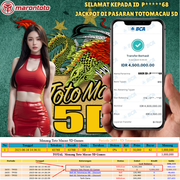 Bukti Kemenangan Member Marontoto Sebesar 4,500,000 JuTa