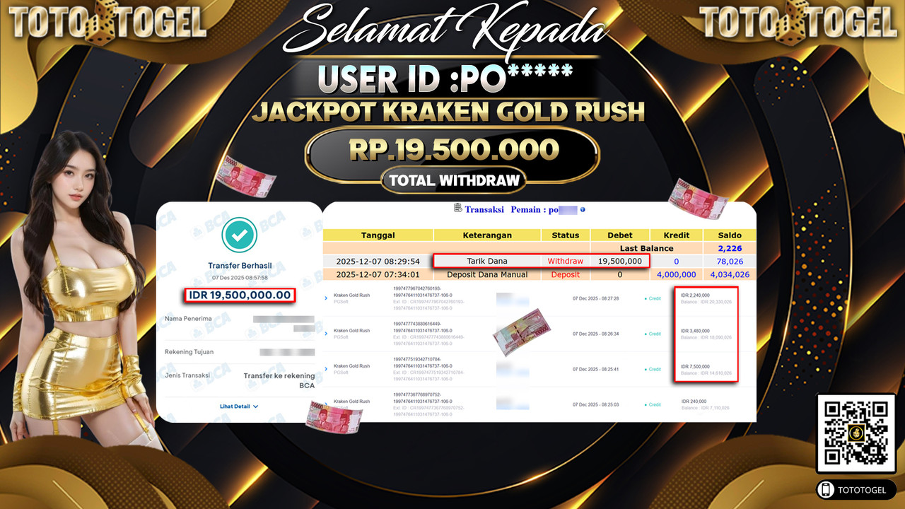 Bukti Pembayaran Jackpot Permainan Slot Kraken Gold Rush ID:PO***** LUNAS