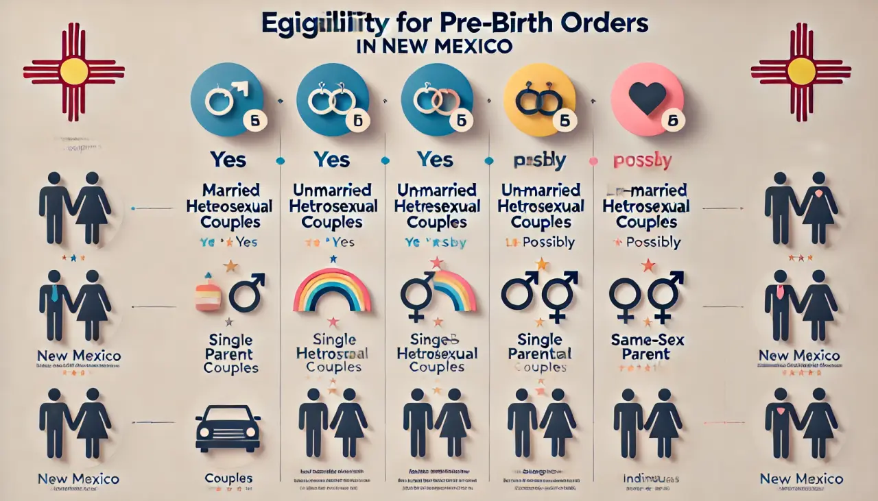 Eligibility for pre-birth orders in New Mexico for heterosexual, LGBTQ couples, and single parents.