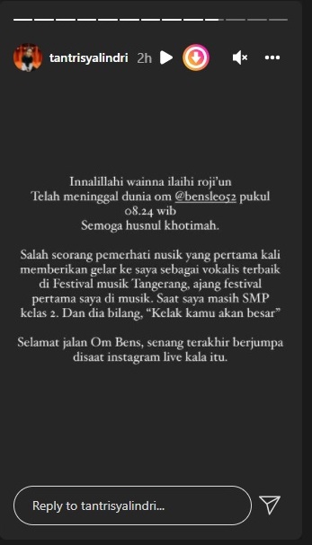 Tantri Syalindri atau Tantri Kotak ucap belasungkawa dan kenang jasa Bens Leo dalam kariernya.