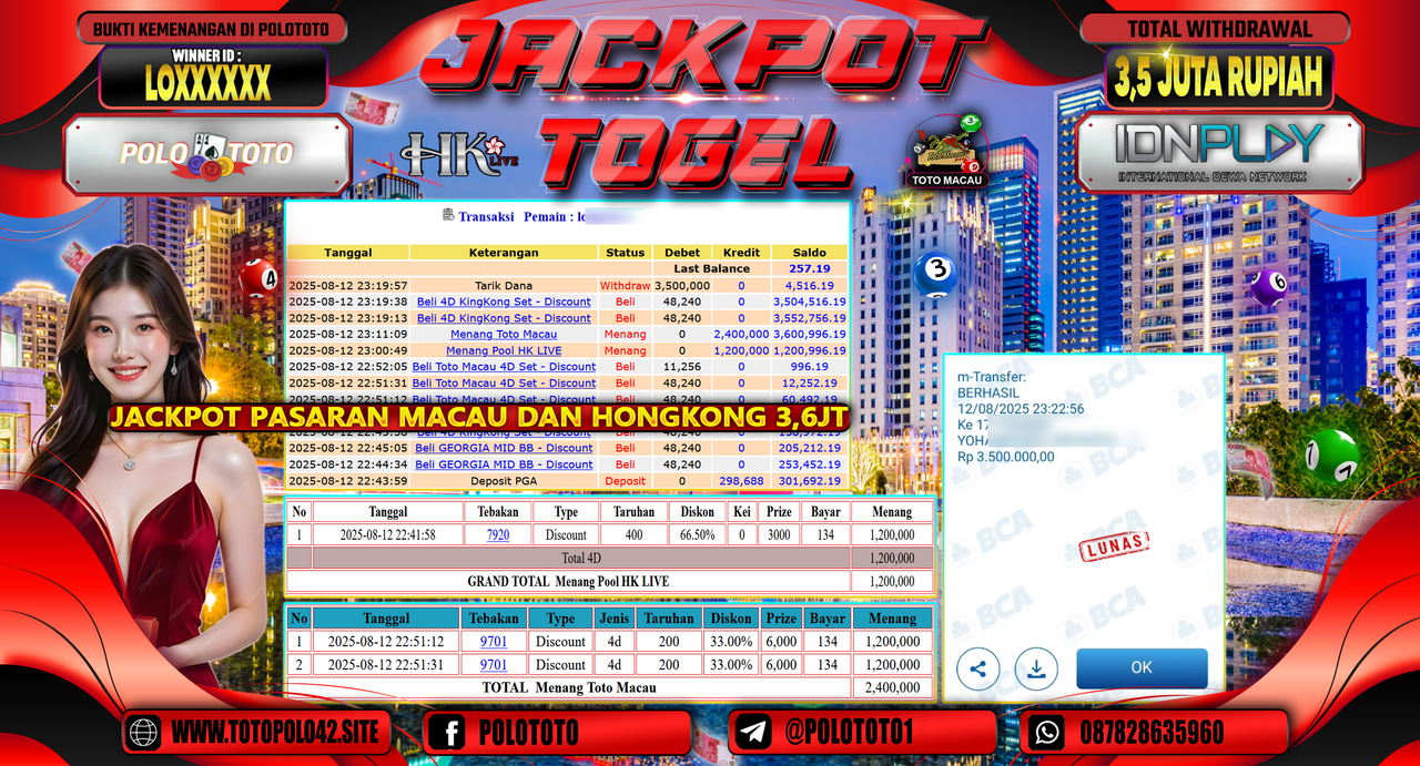 POLOTOTO JACKPOT TOGEL TOTO MACAU DAN HK LIVE Rp.3.500.000,-LUNAS