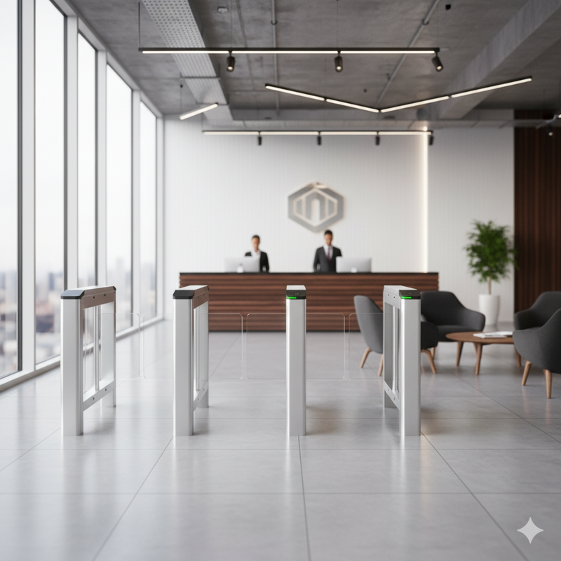Catraca Swing Hikvision em uma recepção de empresa