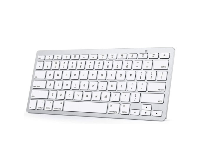 Teclado Bluetooth ultra delgado de color blanco con diseño similar al de Apple.
