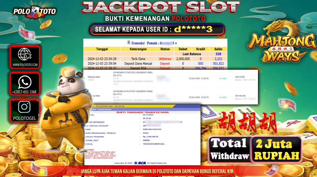 POLOTOTO JACKPOT SLOT MAHJONG WAYS Rp.2,000.000,-