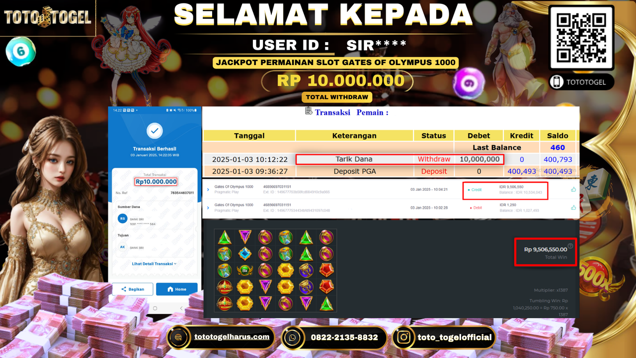 Bukti Pembayaran Jackpot  Permainan Slot Gates Of Olympus 1000   : SIR**** LUNAS