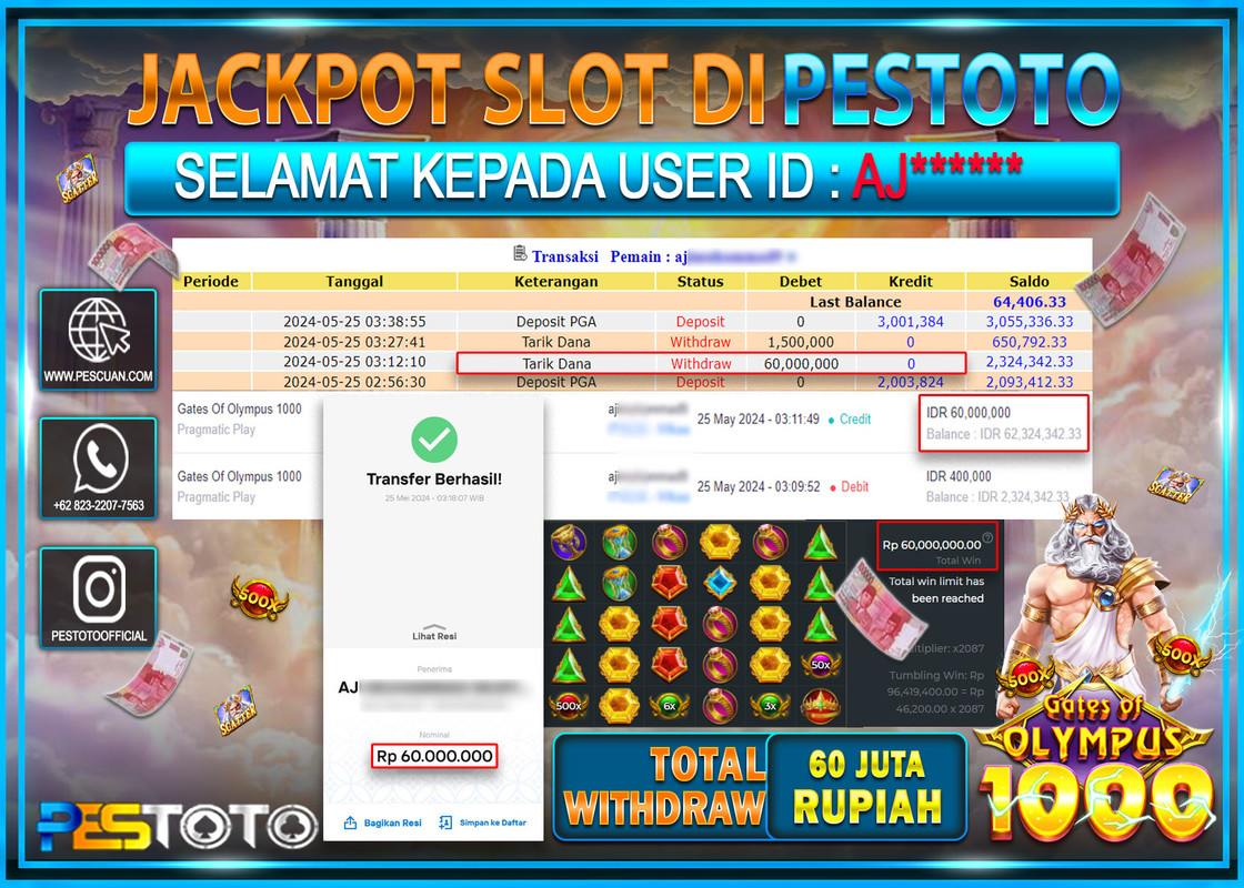HANYA DI PESTOTO JP PASTI DI BAYAR LUNAS DAN CEPAT!!!!!! JP SLOT{ GATES OF OLYMPUS 1000  } Rp.60.000.000 !!!!!