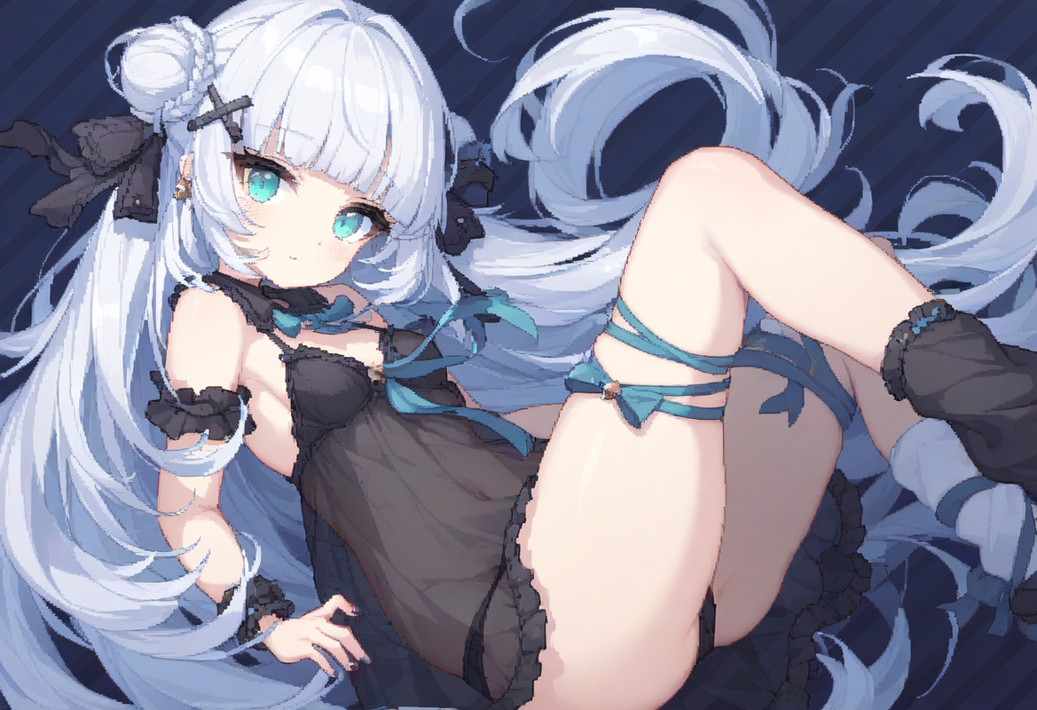 1girl, striped background, aqua eyes, long hair, hime cut, white hair, short ban s-198623372