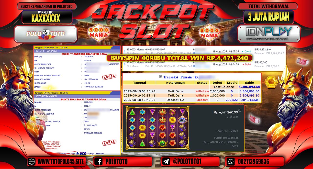 POLOTOTO JACKPOT SLOT 15.000X MANIA Rp.3.000.000,-