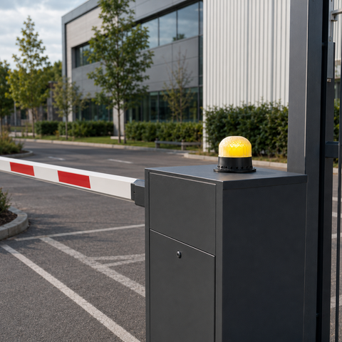 DSG21 voice and amber LED warning beacon shown installed at an automated barrier
