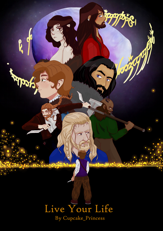 Cover of the Live Your Life series, showing Thorin, Bilbo, Nori, Dwalin, Dís, Lobelia, Fíli and Ori