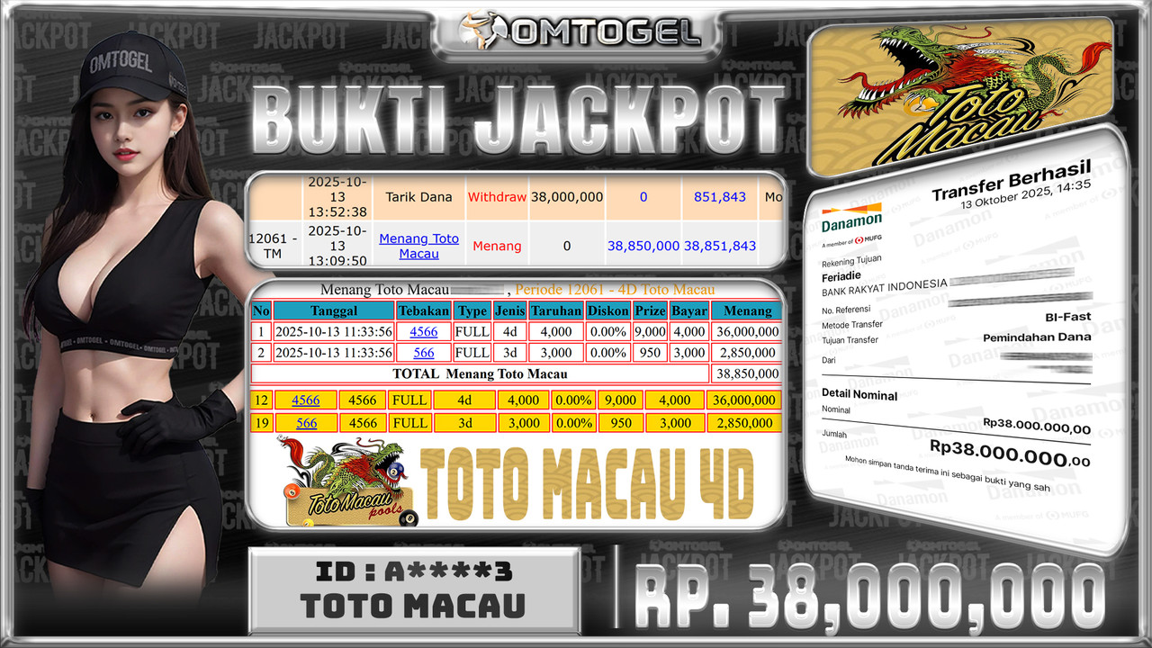 OMTOGEL JACKPOT TOTO MACAU 4D 3D 38 JUTA DI BAYAR LUNAS ,-