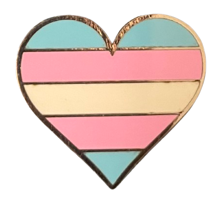 an enamel pin of a trans flag in the shape of a heart