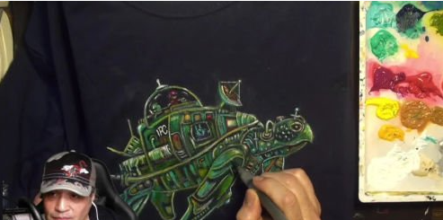 Painting a Spaceship Turtle on a TSHIRT with acrylics