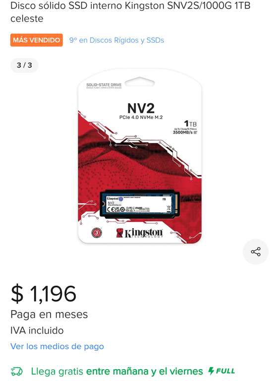 Mercado Libre: Ssd nv2 Kingston SNV2S/1000G 1TB 
