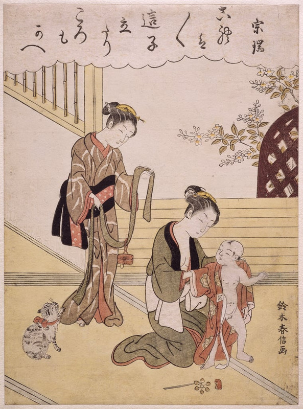 2-Suzuki_Harunobu_-_P312-1941_A_mother_dressing_her_young_son_in_a_kimono_(colour_woodblock_print)_-