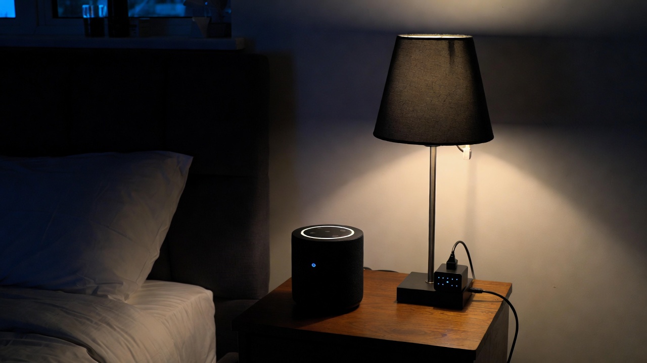 Bedroom at night with a small smart speaker on a nightstand and a lamp connected to a smart plug