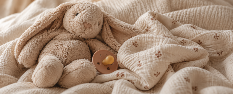 Geliefde beige konijnenknuffel met een speentje en zacht bab/dekentje op ecru stof, als dierbare herinneringen aan de eerste jaren van een kindje.