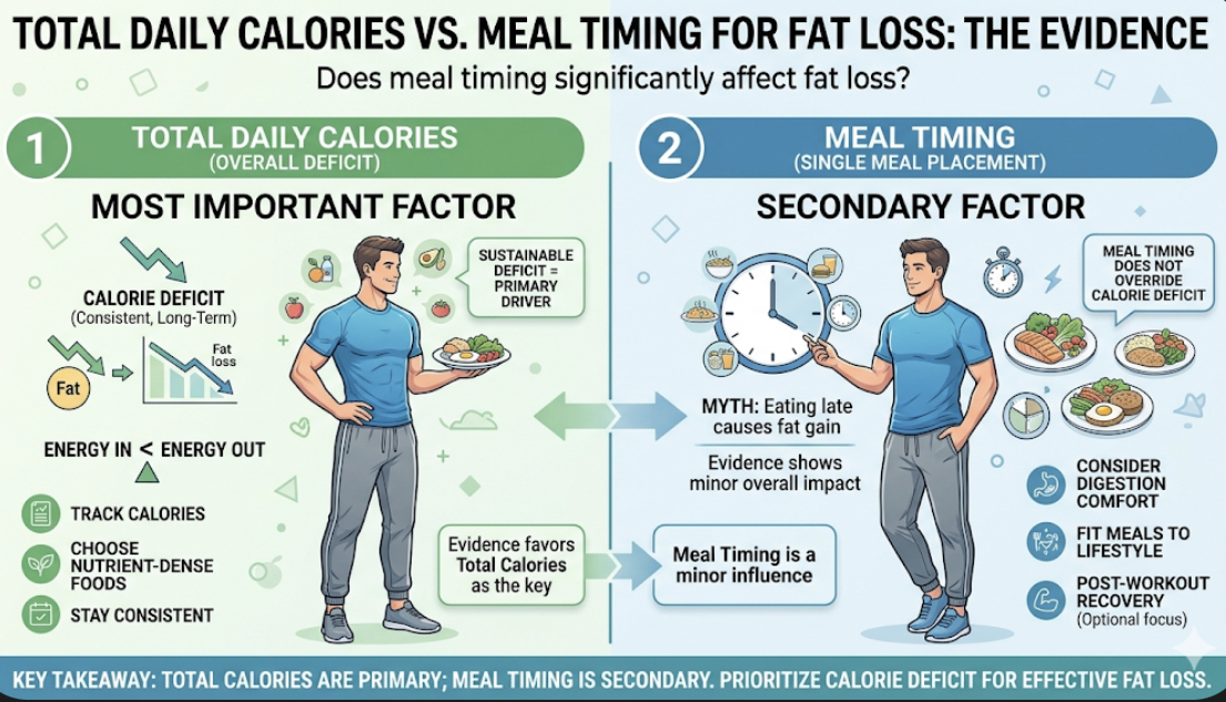 Infographic comparing total daily calories vs meal timing for fat loss, showing does meal timing affect fat loss and night eating weight gain