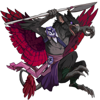 A Blacktalon Striker familiar sprite, edited to appear with black body feathers and red wings, flipped to face to the right.