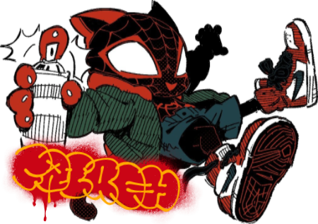 "faireh" is written in the font throwupz on top of a drawing made by gambeque. it shows meows mid air with a white spray paint can, all his limbs kicking out. he's in his spiderman outfit, with his jacket, shorts, and jordans on. the artstyle is sketchy and chibi-like with hatching done on the spray paint can, jacket, and shoes, while the arm in the back is shadowed in black. the image is cropped and resized to be smaller, and the text on top is made to look like graffiti, the yellow text being coloured in with red to look like it was spraypainted over and is dripping wet.