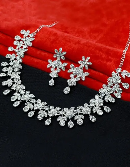 Silver Plated Necklace Set With White American Diamond Color 1 (A104)