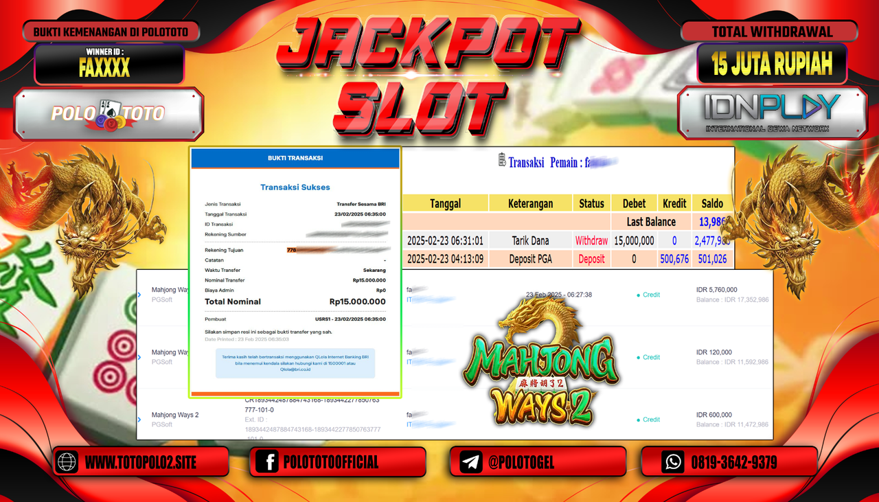 POLOTOTO JACKPOT SLOT MAHJONG WAYS 2 Rp.15.000.000,-