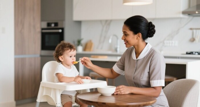 Ethiopian nanny feeding a toddler