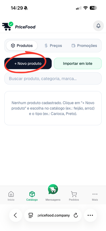 Etapa 1 — indicação no catálogo de produtos