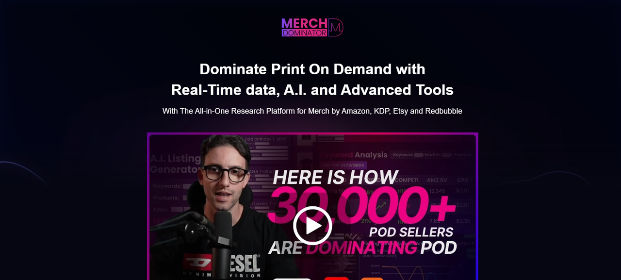 Merch Dominator homepage dashboard showing real-time POD market analytics, trending product data, and niche research tools