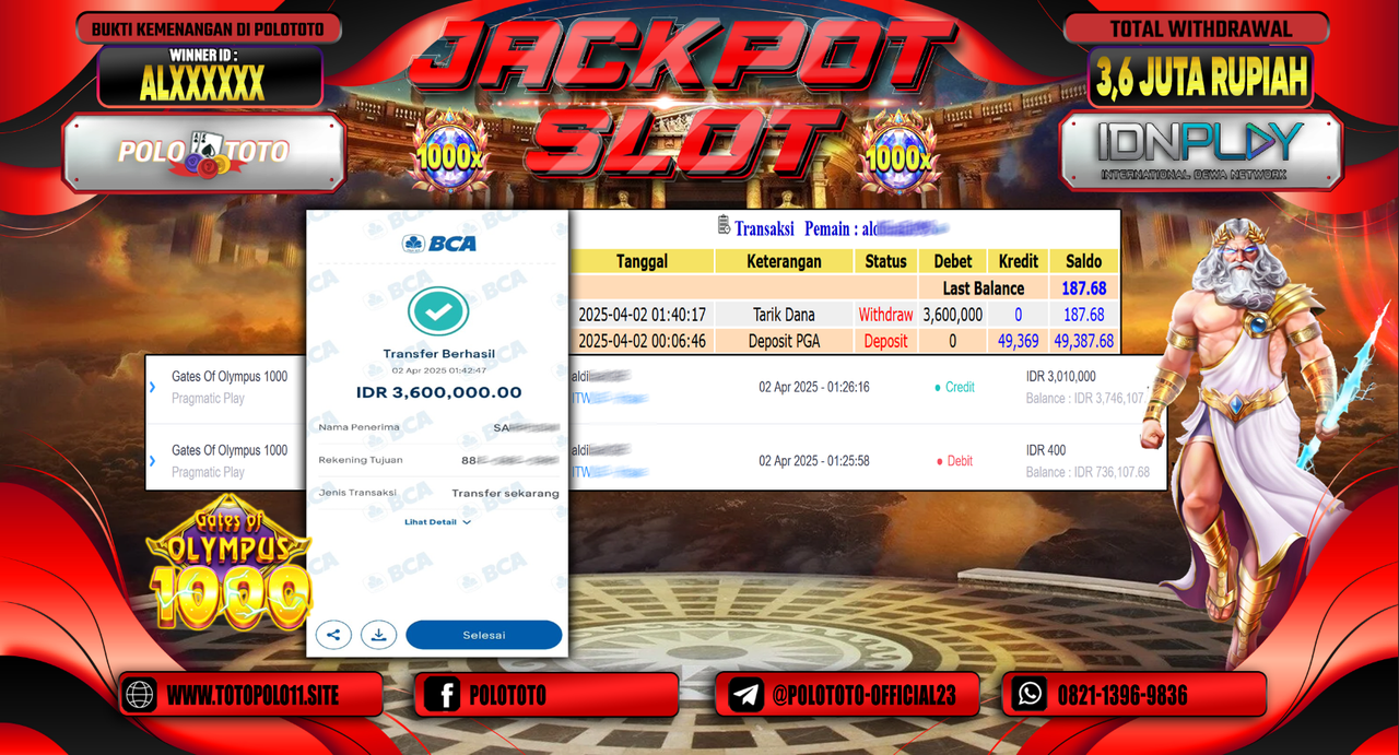 POLOTOTO JACKPOT SLOT GATES OF OLYMPUS 1000  Rp.3.600.000,- LUNAS