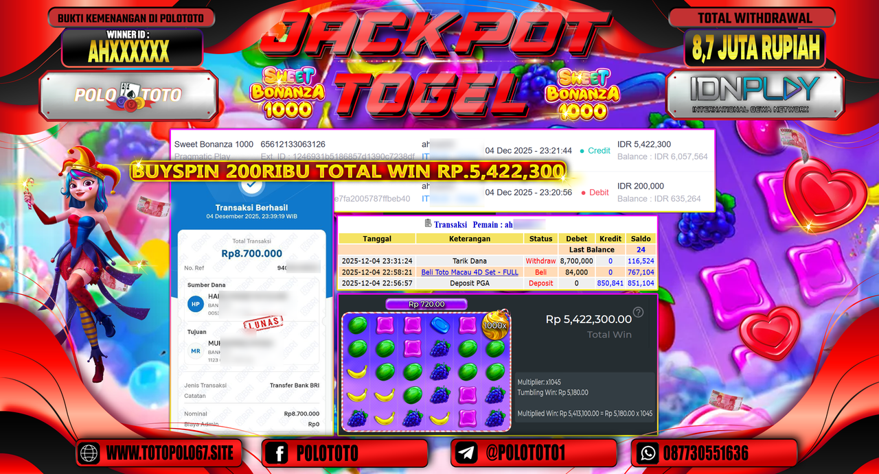 POLOTOTO JACKPOT SLOT SWEET BONANZA 1000 Rp.8.700.000,- LUNAS