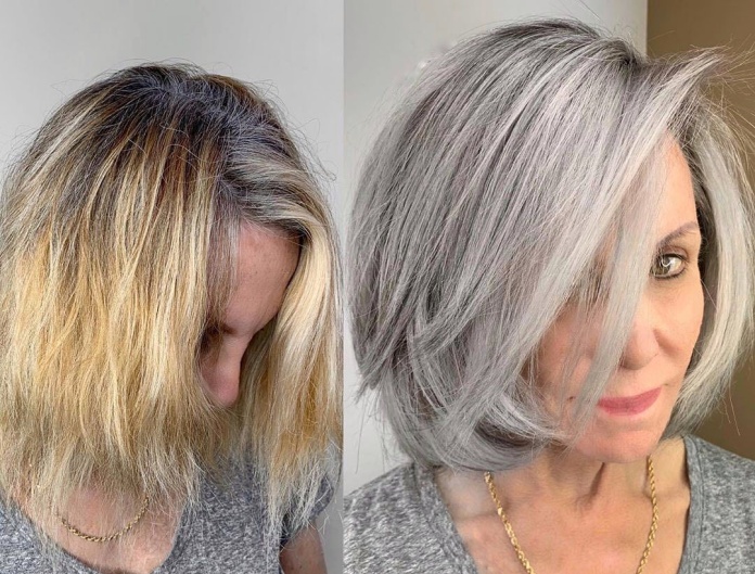 Gray golden blonde hair dyed in shades of silver in a short bob haircut