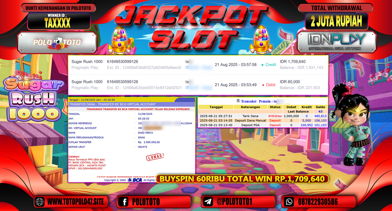 POLOTOTO JACKPOT SLOT SUGAR RUSH 1000 Rp.2.000.000,-